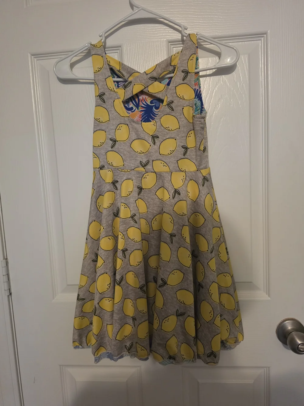 Emily West Girls Reversible Dress Size Large Sleeveless Stretch Flowers Lemons